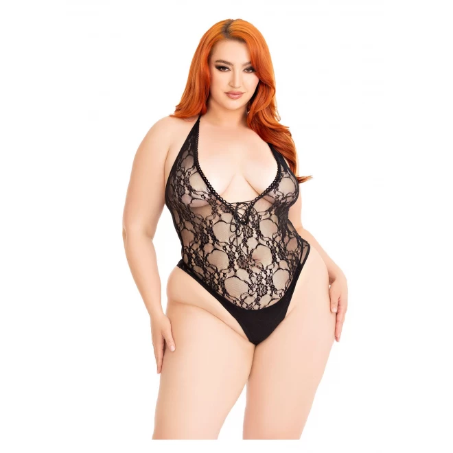 Floral lace deep-V teddy +