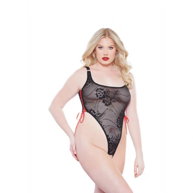 Lace crotchless high-cut teddy - plus size