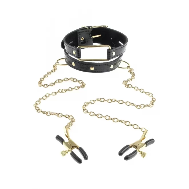 Obroża z klamerkami na sutki FF Gold Collar W Nipple Clamps