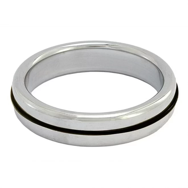 Stainless steel slim cock ring with black band 40 mm.