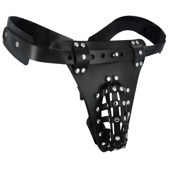 The Safety Net Leather Male Chastity Belt with Anal Plug Harness