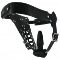 The Safety Net Leather Male Chastity Belt with Anal Plug Harness