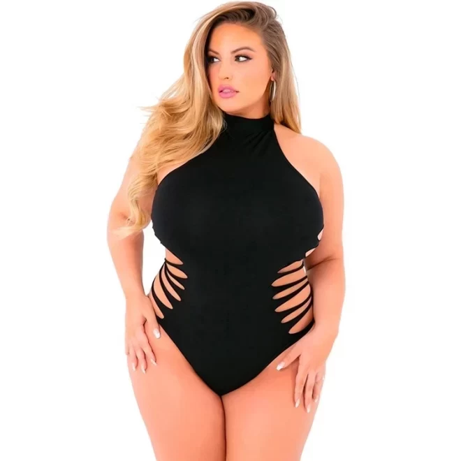 SLIT NSPIN BODYSUIT BLACK PLUS SIZE