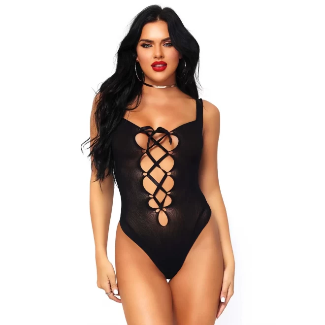 Opaque lace up thong teddy 
