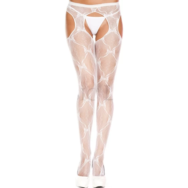 Tights With Open Crotch And Bow Pattern - Black
