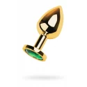 Gold anal plug TOYFA Metal with green round-shaped gem, length 7,8 cm, diameter 2,2-3,5 cm, weight 95 gr