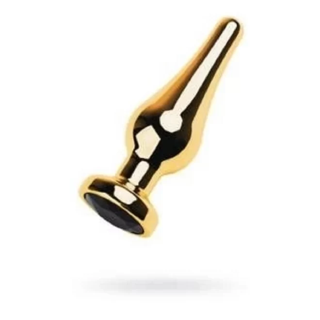 Gold anal plug TOYFA Metal with black round-shaped gem, length 7,5 cm, diameter 1-3 cm, weight 105 gr