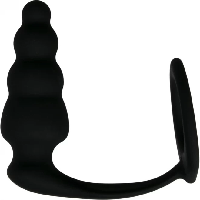 Korek analny z ringiem - Cock Ring With Ribbed Anal Plug