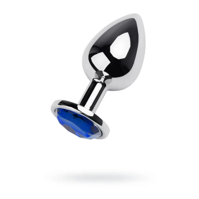 Silver anal plug TOYFA Metal with blue round-shaped gem, length 8 cm, diameter 2,3-4 cm, weight 150 gr