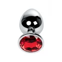 Silver anal plug TOYFA Metal with red round-shaped gem, length8 cm, diameter 2,4-4 cm, weight 140 gr