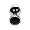 Silver anal plug TOYFA Metal with black round-shaped gem, length 7,5 cm, diameter 1,8-3,4 cm, weight 140 gr