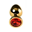 Gold anal plug TOYFA Metal with red round-shaped gem, length 7,8 cm, diameter 2,2-3,5 cm, weight 95 gr